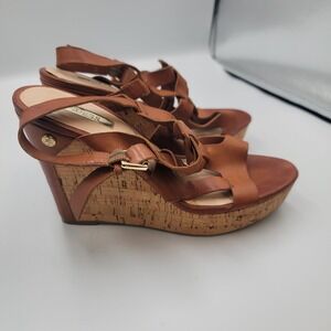 Guess Womens Cognac Brown Leather Strappy Cork Boho Platform Wedge Sandals